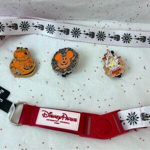 Disney Parks Christmas Red White Lanyard with Snowflake Design 3 Pins Included